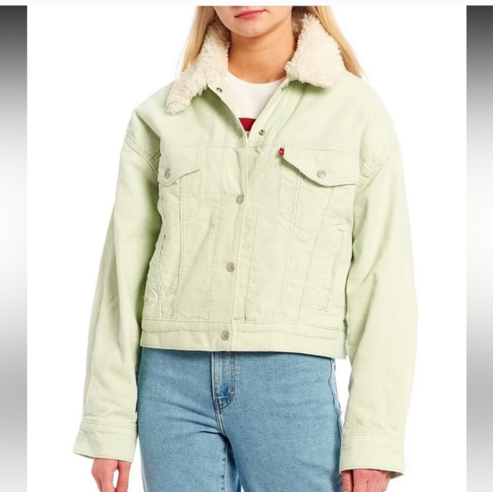 Levi's Levis Corduroy Cropped Trucker Jacket Mist Mint Sherpa Green Crop Coat L